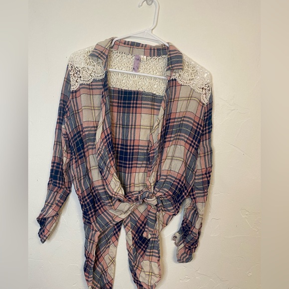 Floral plaid button down top with crochet details in small - Picture 2 of 12